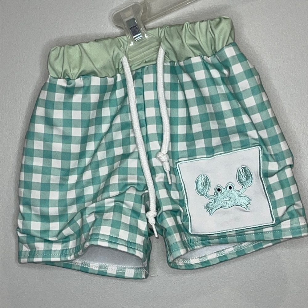 Kids Aqua Checkered Swim Trunks with Crab Patch